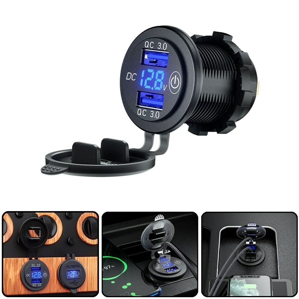Adapter QC3.0 12V Car Boat Charger Socket Voltmeter With Switch L4-A Blue Light