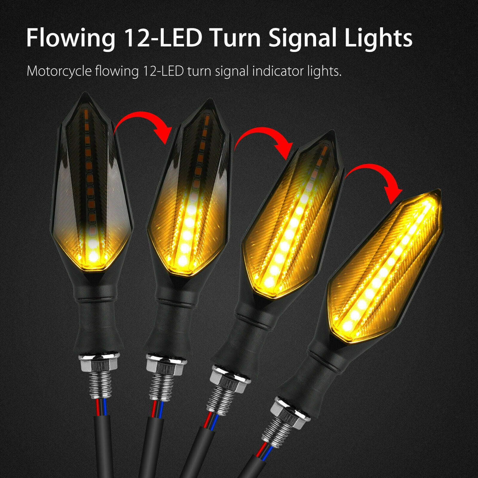 2x Motorcycle 12-LED Turn Signal Lamp Sequential Flowing Indicator Lights Amber