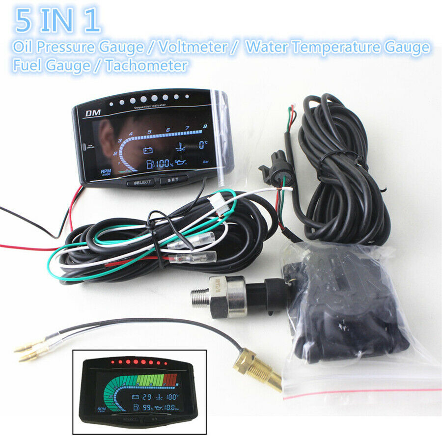 5 IN 1 Digital Oil Pressure Voltmeter Water Temperature Fuel Tachometer 12V 24V