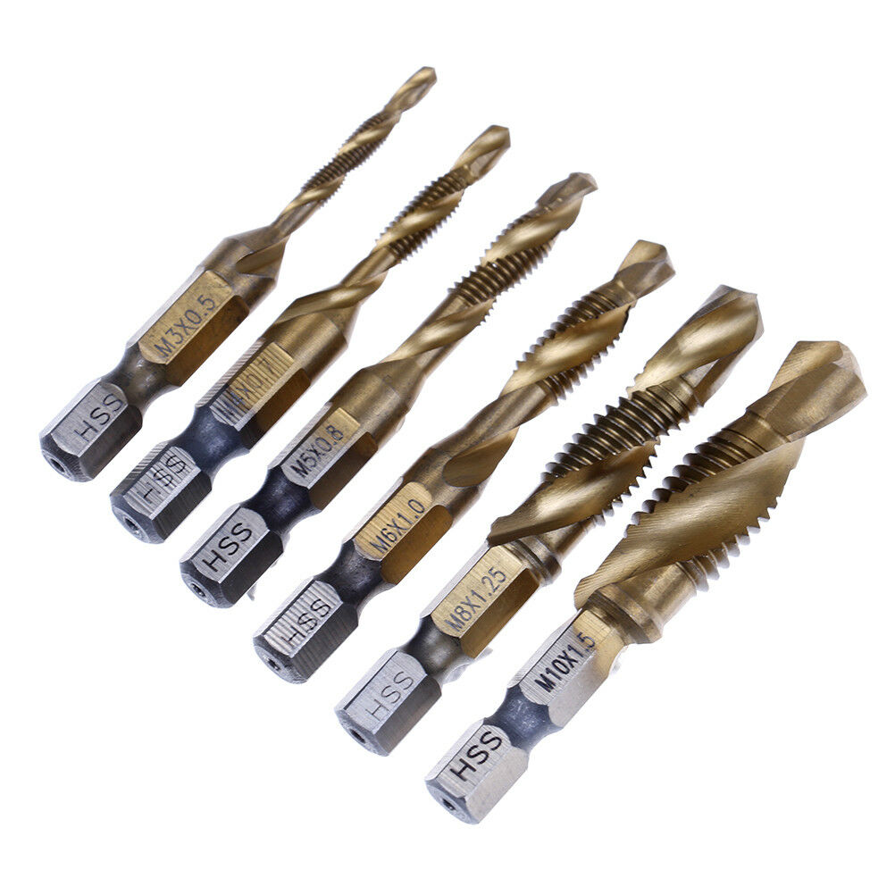 6pcs Hex Shank Titanium Plated Screw Thread Drill Bits Set Compound Tap M3-  Qx
