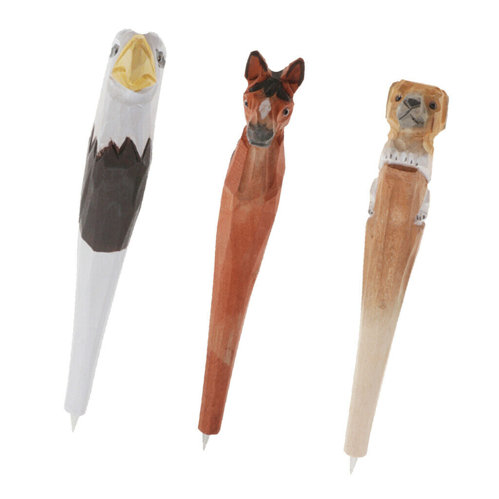3Pcs Handcrafts Wood Animals Ballpoint Pen Ball Pen Stationery Kids Gifts