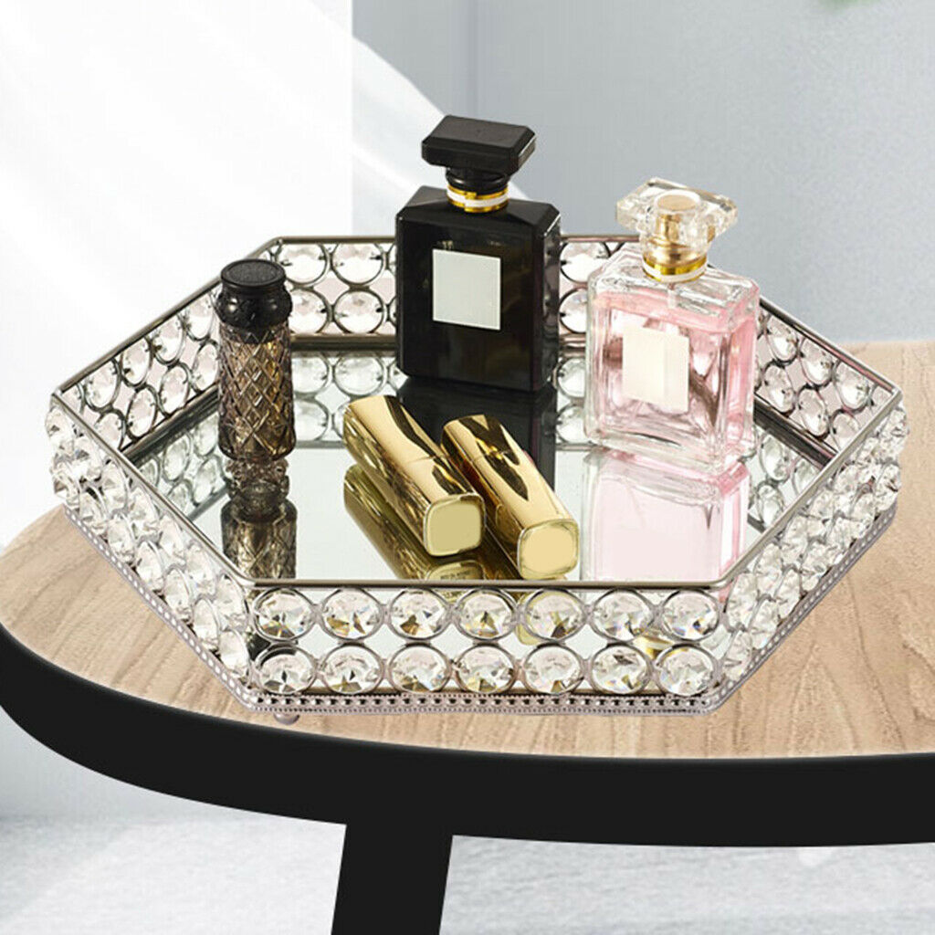 1pc Modern Mirrored Crystal Vanity Tray Ornate Trinket Desktop Decor Plate