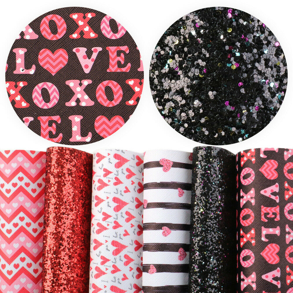 6Pcs Valentine's Day Synthetic PU Leather Fabric Sheets Shiny DIY Hairbows Craft