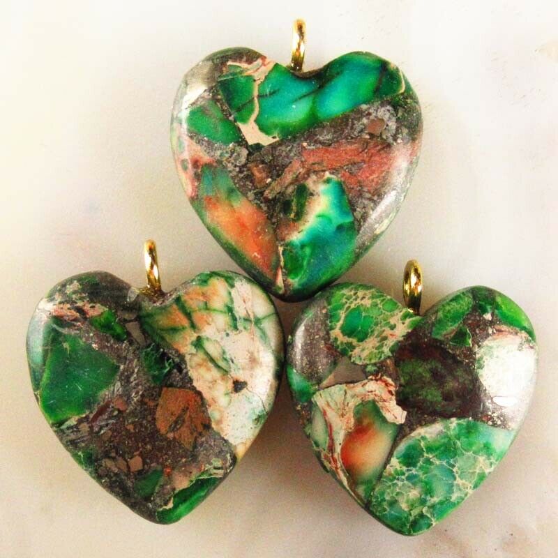 3Pcs Green Man-made Sea Sediment Jasper & Pyrite Heart Pendant Bead A-DHS184