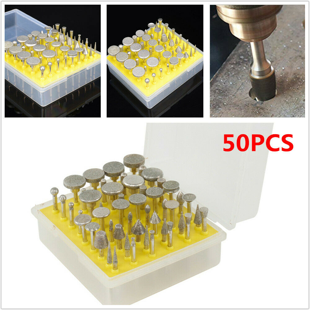 50pcs Polish Coated Grinding Head Rotary Tool Glass Diamond Burr Carving Stone