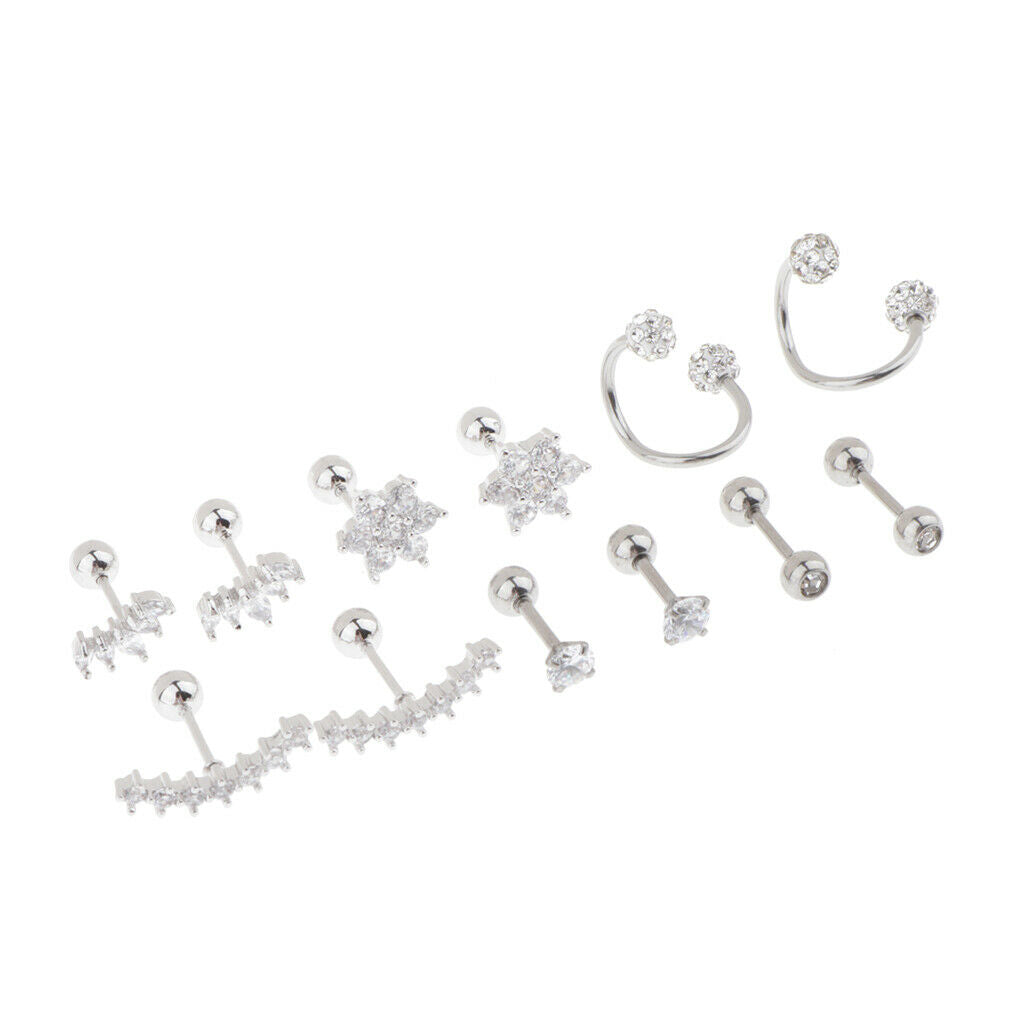 6 Pairs Stainless Steel Ball Earrings Flower Ear Studs and Diamond Ball S