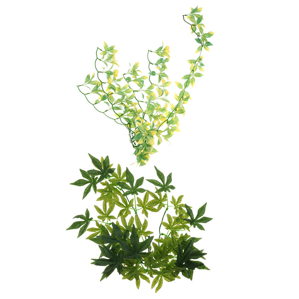 Set of 2, Plastic Green Leaves Reptile Artificial Plants Vines Landscaping