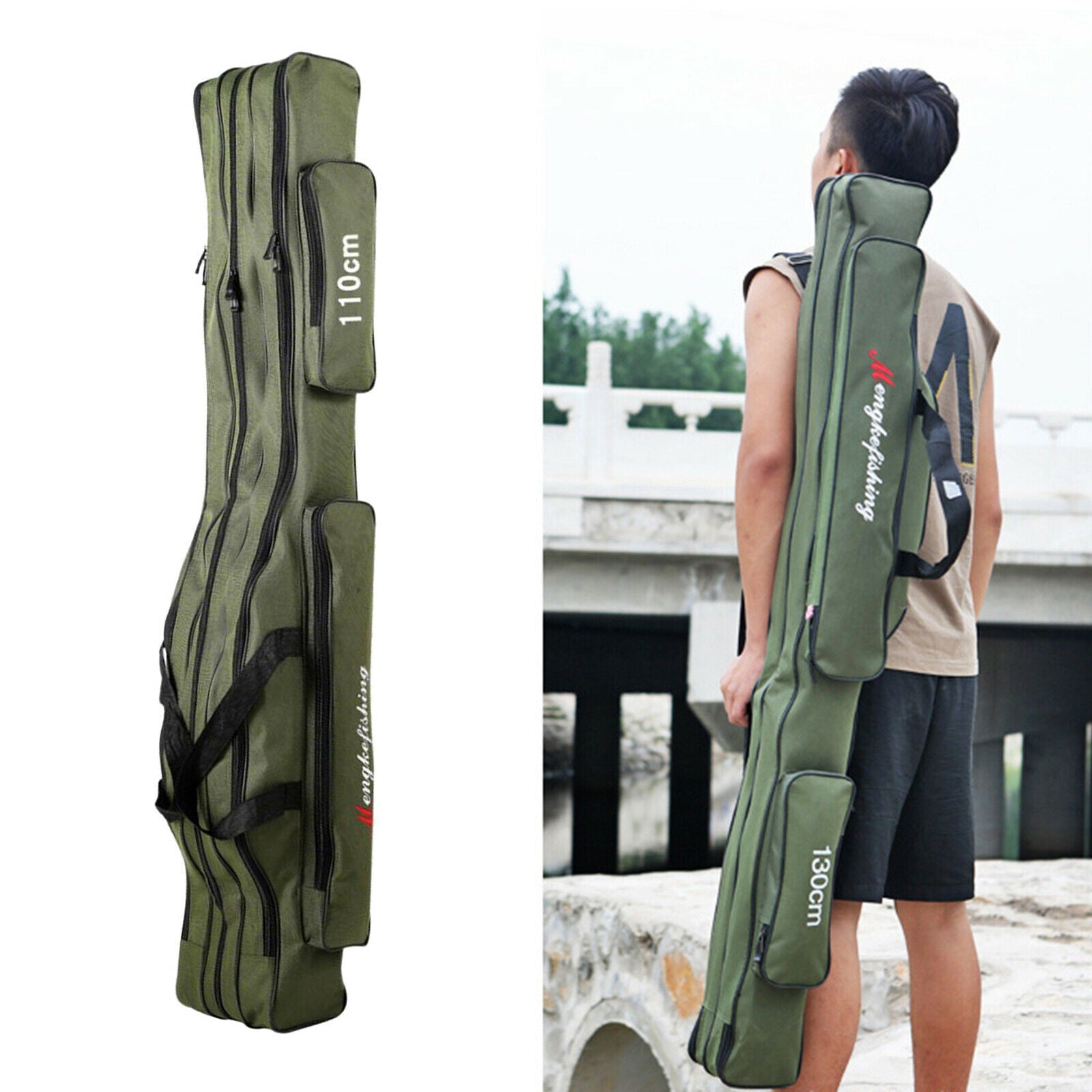 Fishing Rod Bag Carrier Pole Storage Case Tackle Reel 3 Layers 150cm Green