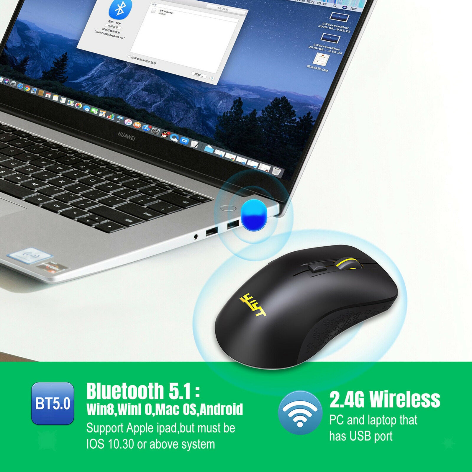 Dual Modes 2.4G Bluetooth 5.1 Mouse for Laptop PC 500mAh 3 Adjustable DPI