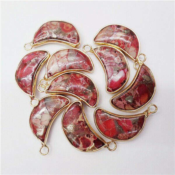 10Pcs 26x11x5mm Golden Wrapped Rose Sea Sediment Jasper Moon Pendant Bead HH9015