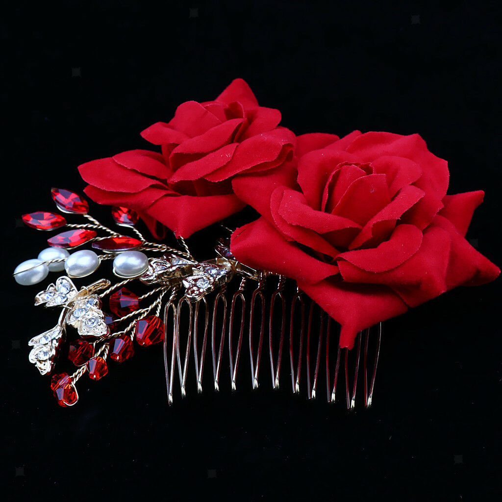 Bridal Hair Comb Headpiece Red Rose Crystal Sparkling Hair Jewel with Pearls