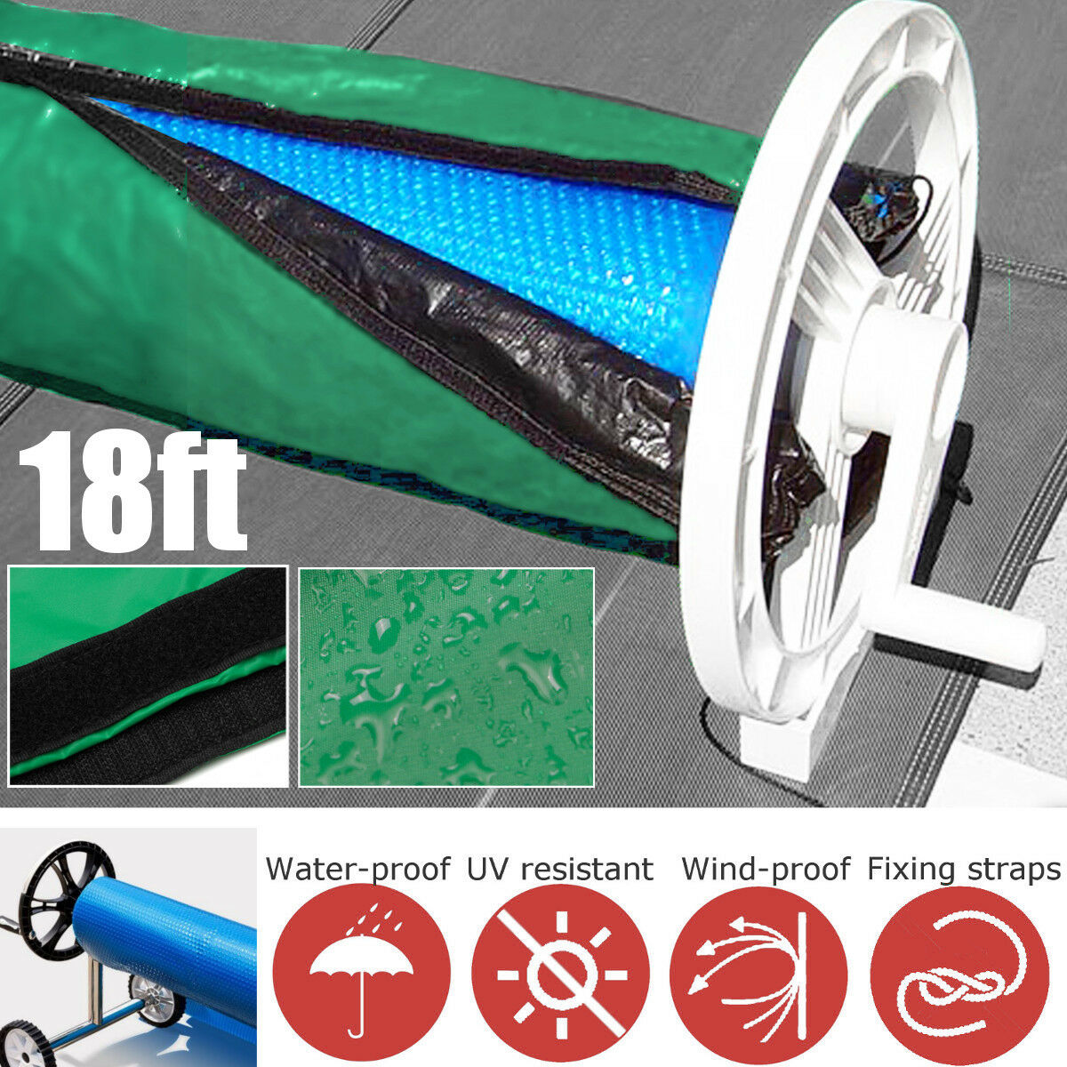 18ft  Green Solar Blanket Winter Cover For Swimming Pool Solar Roller Reel ï¼