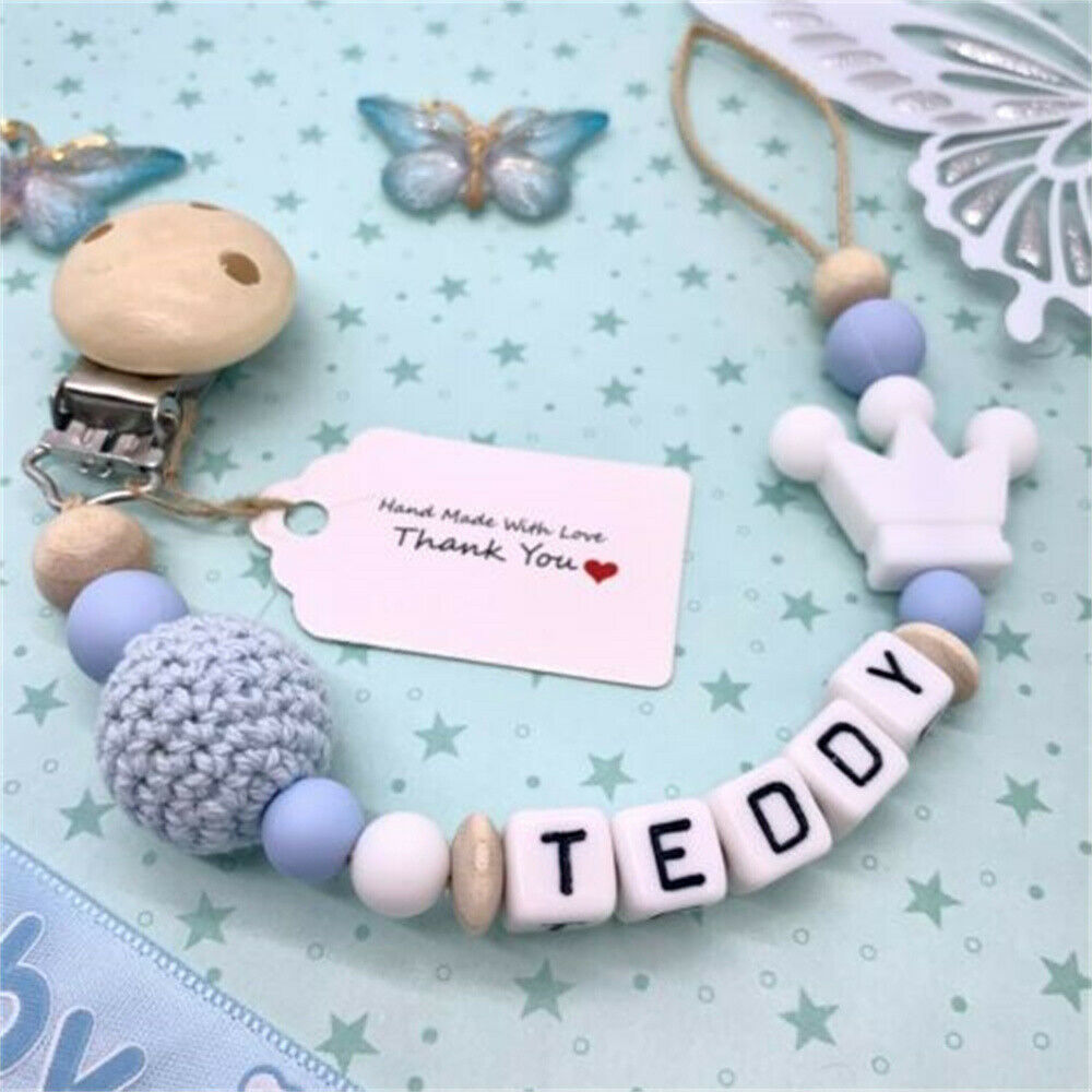 Personalised Baby Dummy Clip Pacifier Chain Silicone Wooden Baby Shower Gift NEW