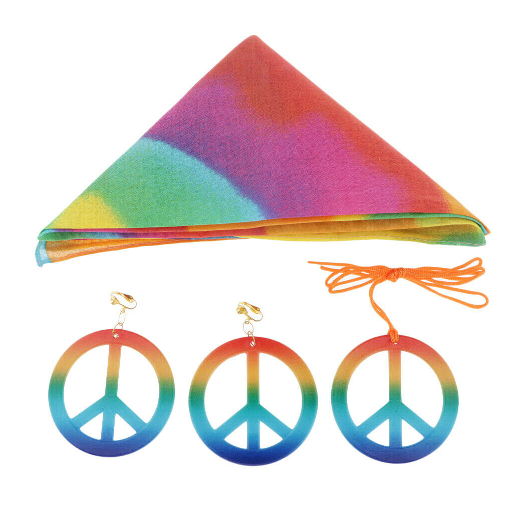 Hipple Peace Sign Earrings Necklace Tie Dye Headband 1960's Halloween Party