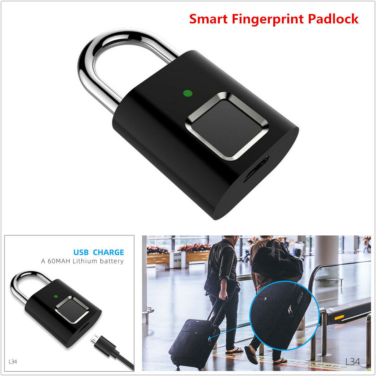 1x Mini Smart Fingerprint Padlock USB Rechargeable Keyless Fingerprint Lock L34