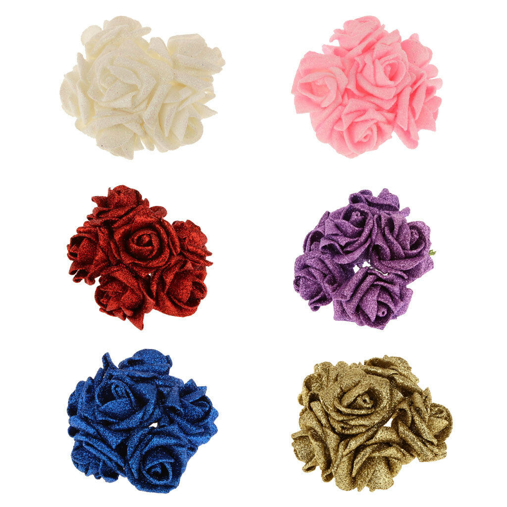 Pack of 12pcs Foam Roses Glitter Powder Flower Bouquet Wedding Decor Blue
