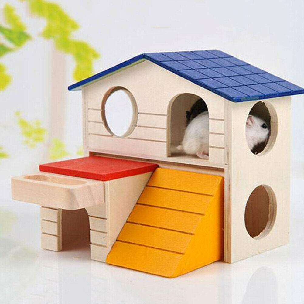 Cute Hamster Double Layer Cabin Wooden Small Animal Climbing Hideout Nest @