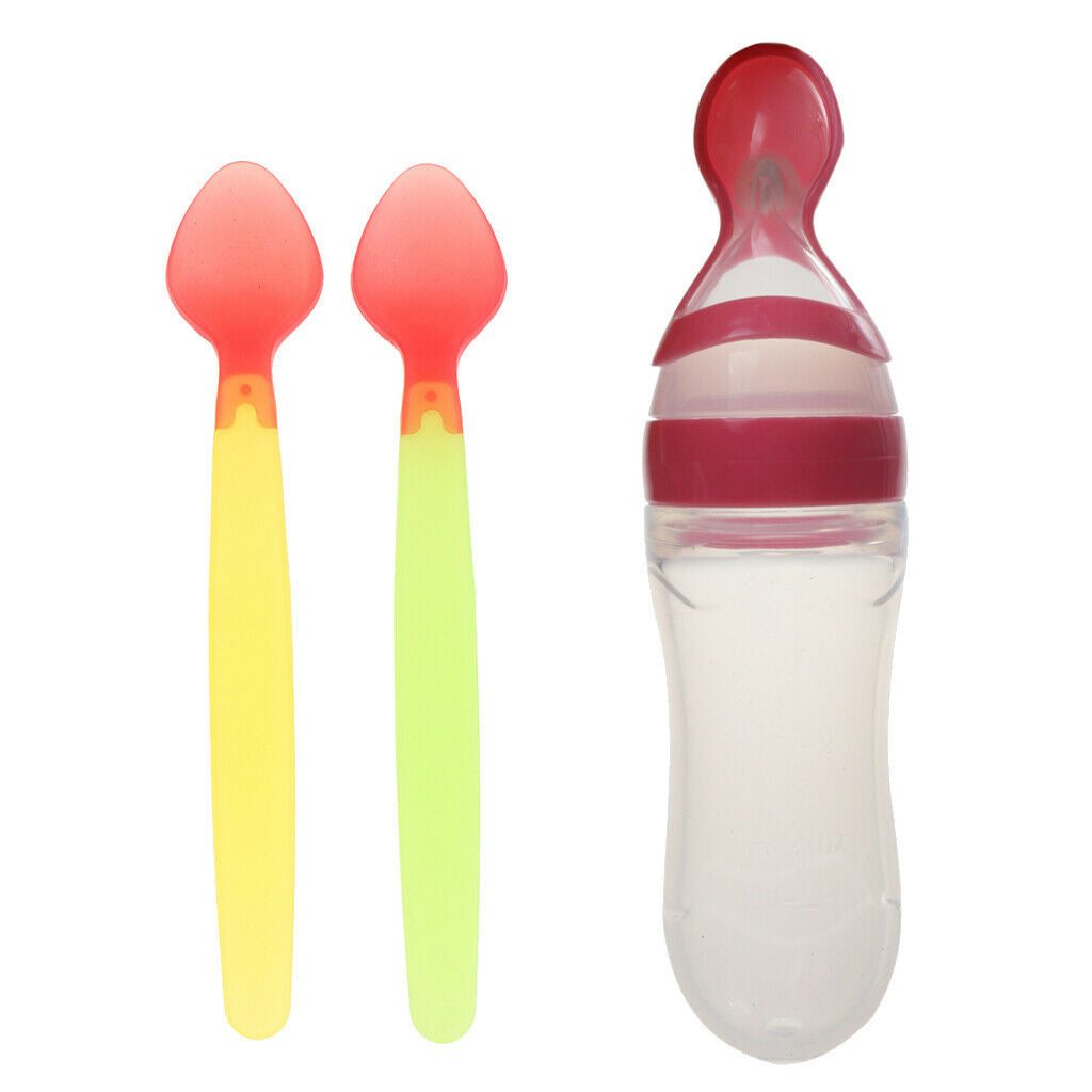 Kids Baby Silicone Feeding With Spoon Feeder Food Bottle+Heat Sensing Spoon