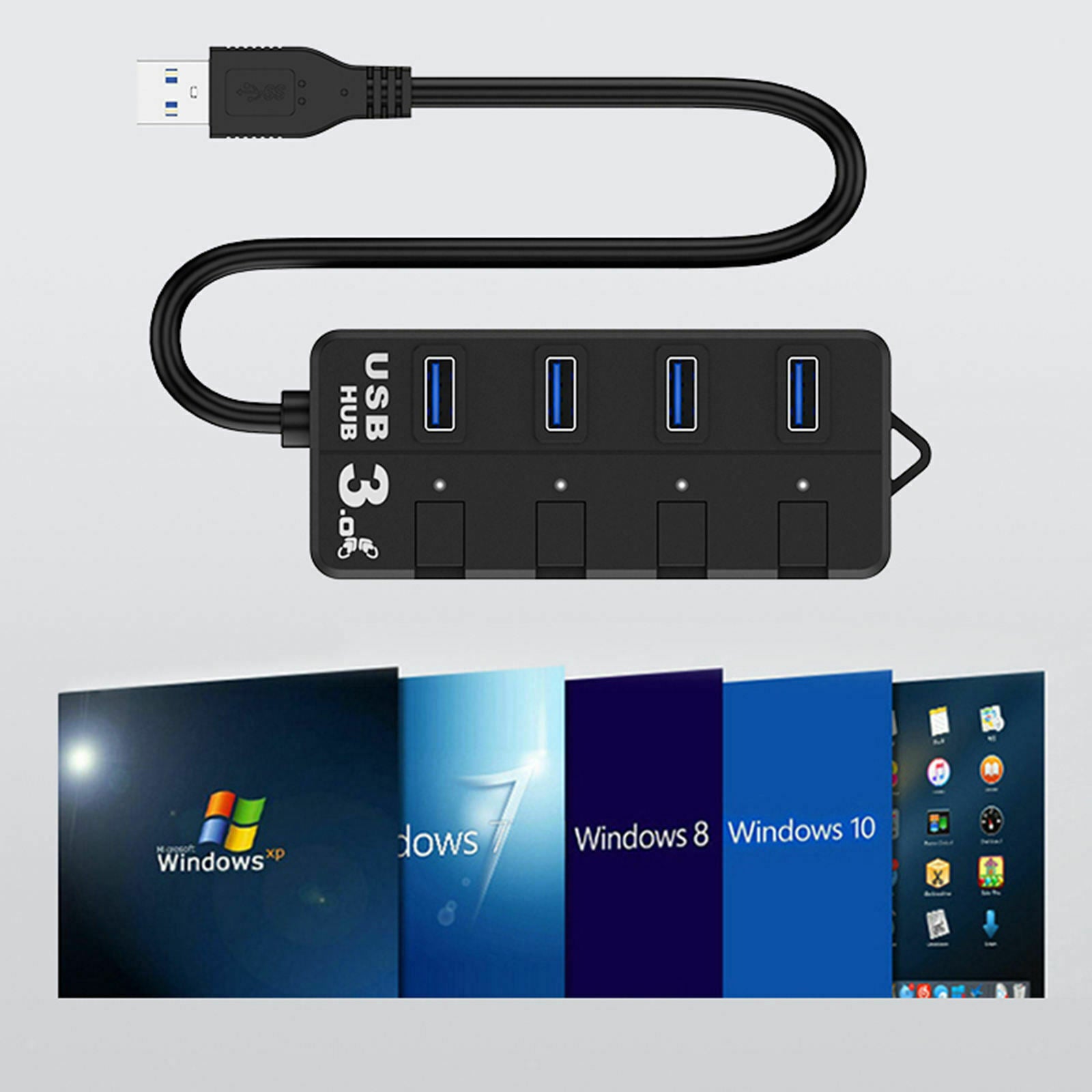 4 Port USB 3.0 Hub Splitter w/ Individual On/Off Switches Fast Data Transfer