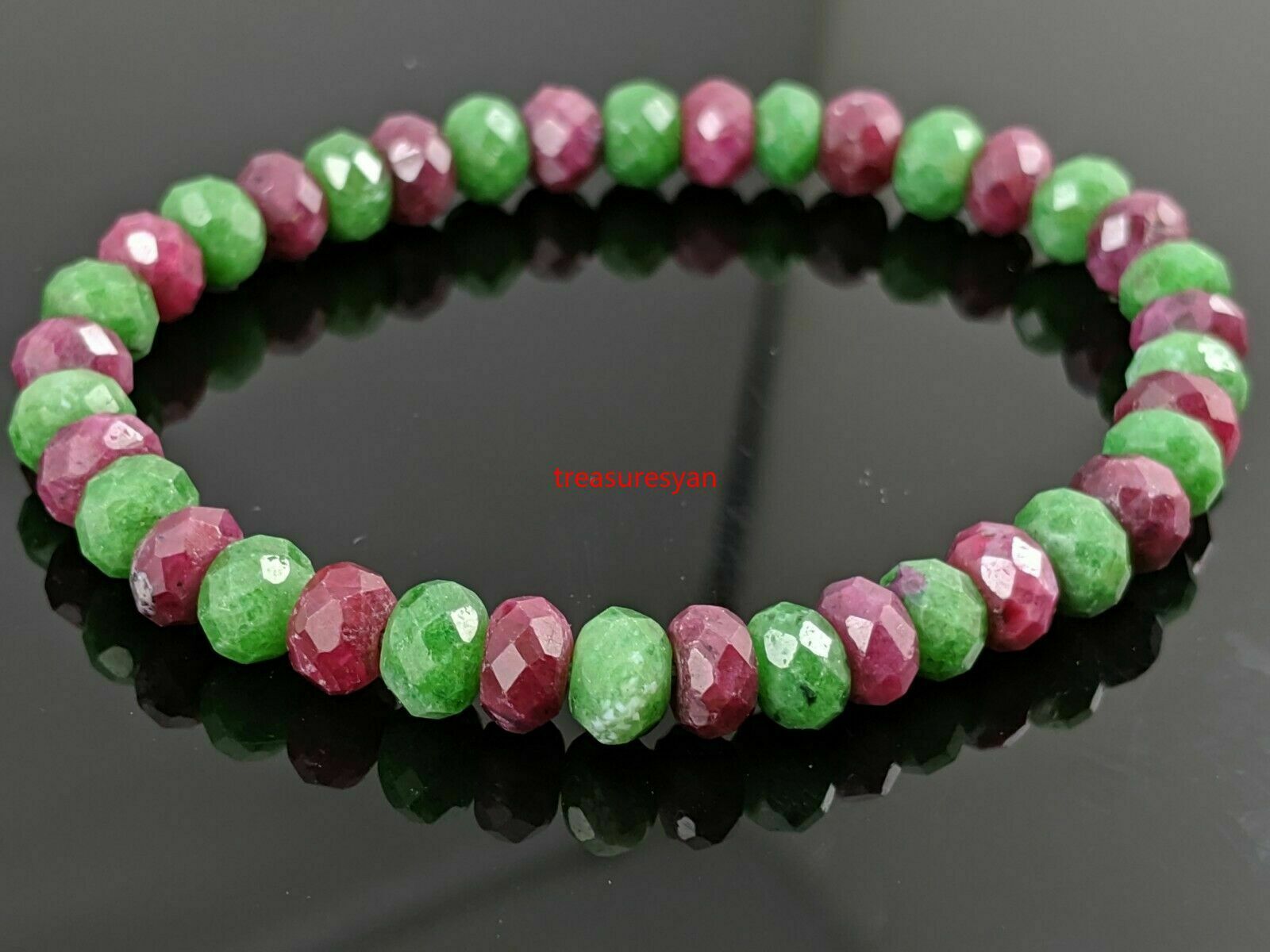 Natural Multicolor Ruby Zoisite Diamond Cut Stone Bead Stretch Bracelet