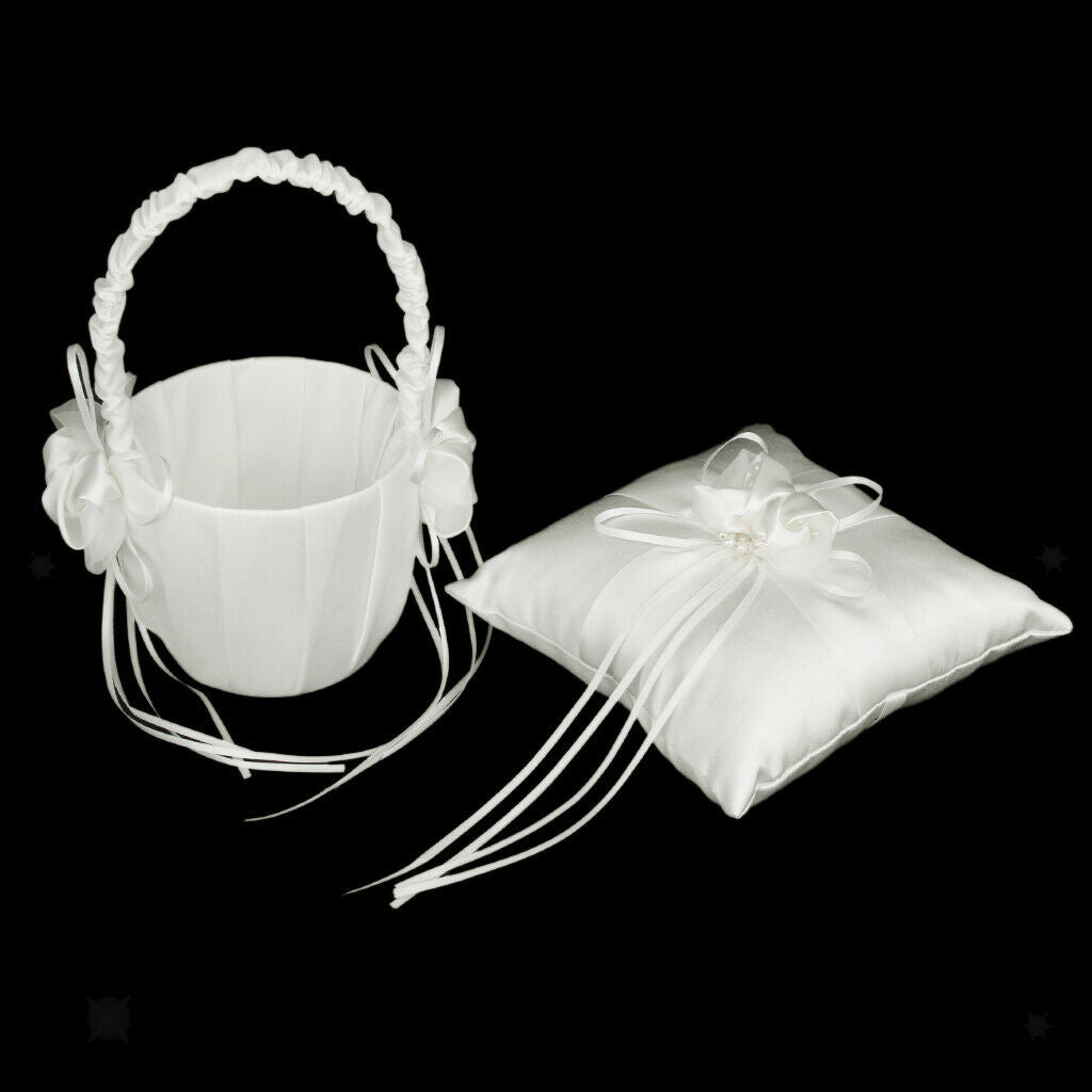 White Satin Bowknot   Bearer Pillow and Wedding Flower Girl Baskets Set, 6 x