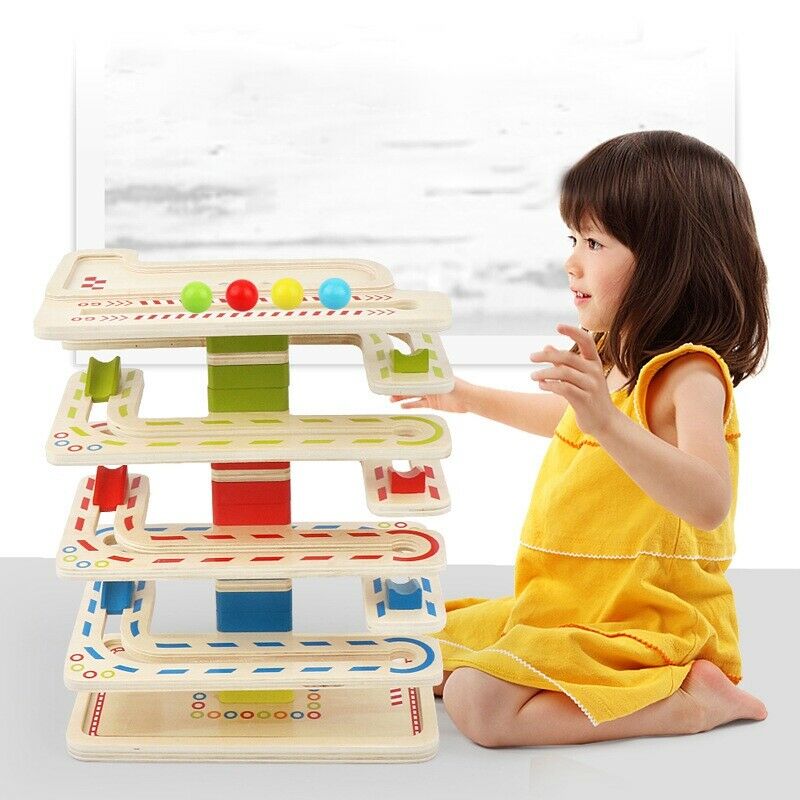 Wooden Railway Gliding Car Ball Maze Toys Educational Preschool Kids ConcentraK3