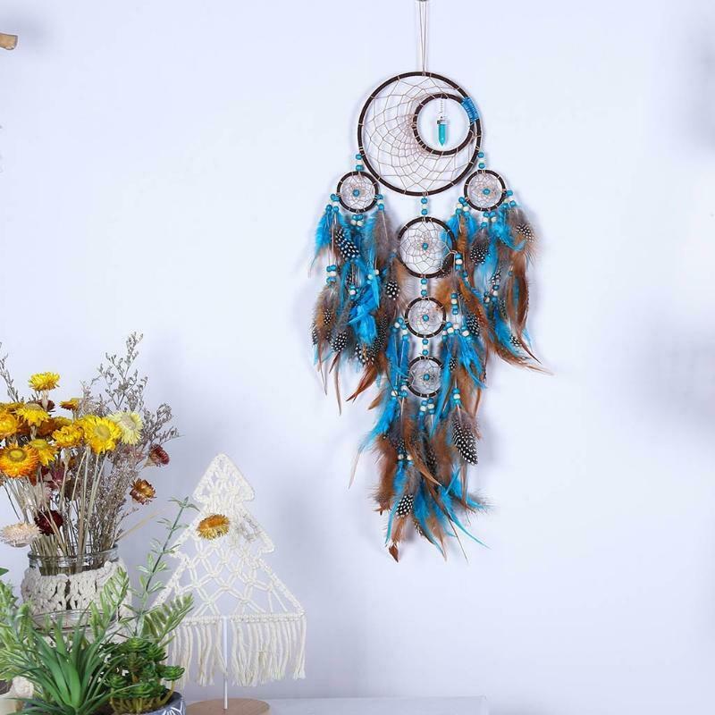 5 Circles Large Dream Catchers with Turquoises Feather Boho Wall Hanging Decor