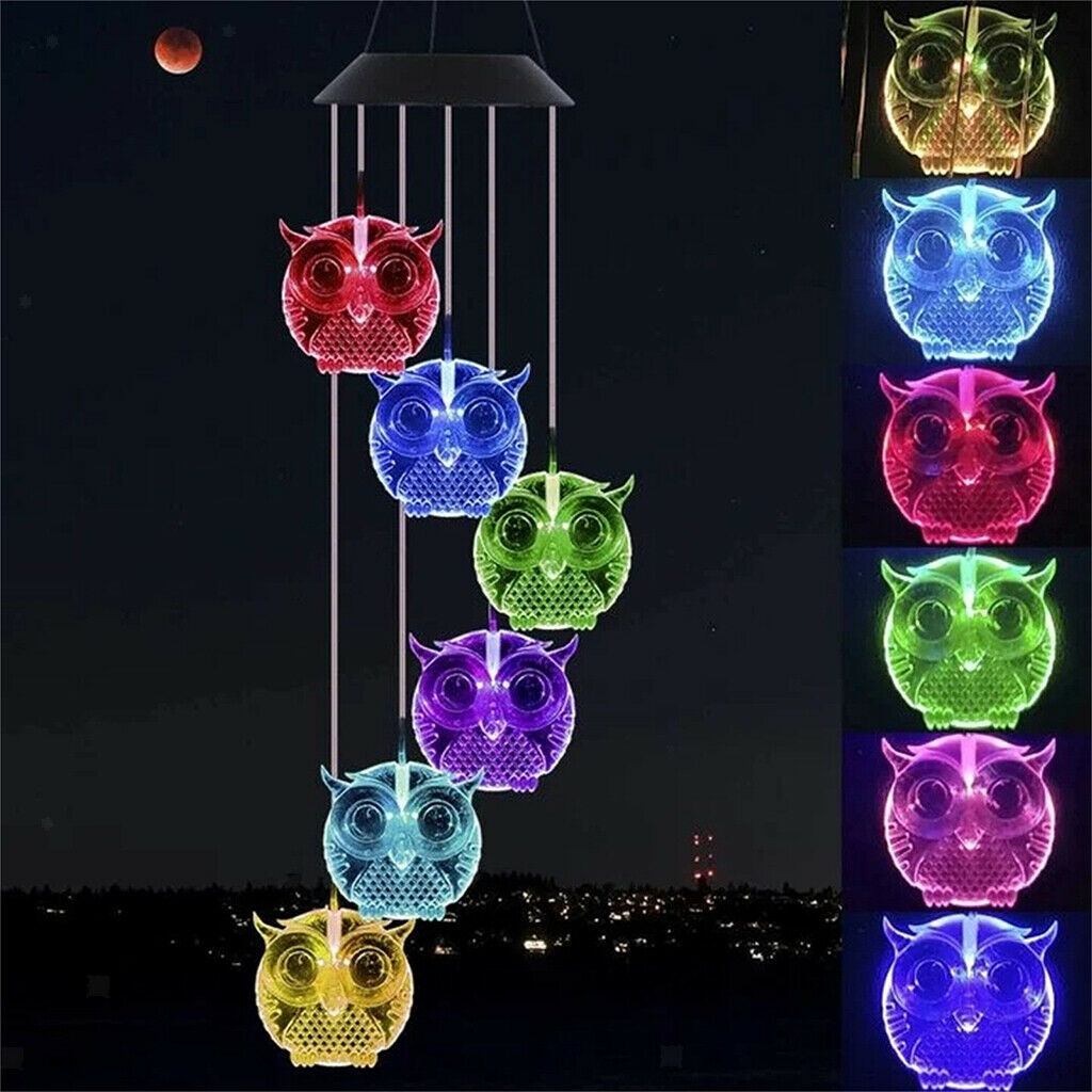 Owl Shape Solar Wind Chime Wind Bell LED Lamp Light Home Landscape Ornament