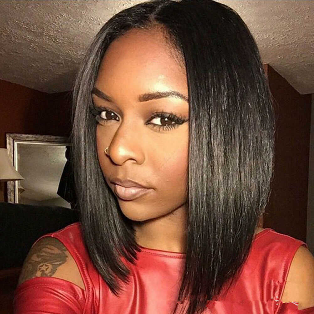 Women Silky Black Straight Bobo Hairstyle Middle Parted Wig Hairpiece @
