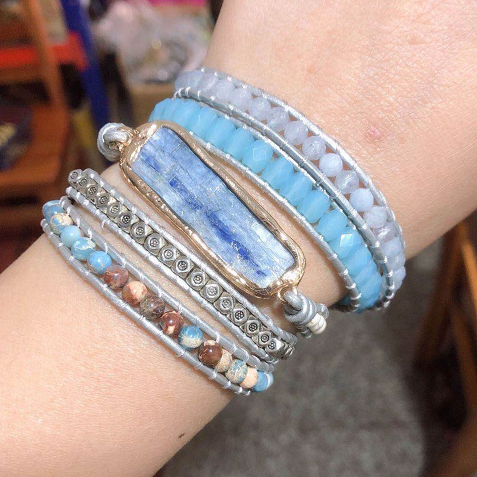 Boho Blue Kyanite Crystal Healing Stone Leather Wrap Yoga Women Bracelet Energy