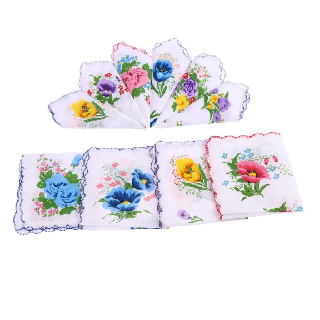10pcs Womens White Handkerchiefs Square Hankies Pocket Hanky Coloured Floral