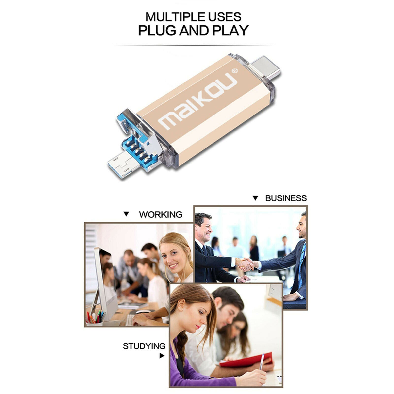 Portable 16G USB Flash Drive Type-C Micro USB Memory Stick Premium Golden