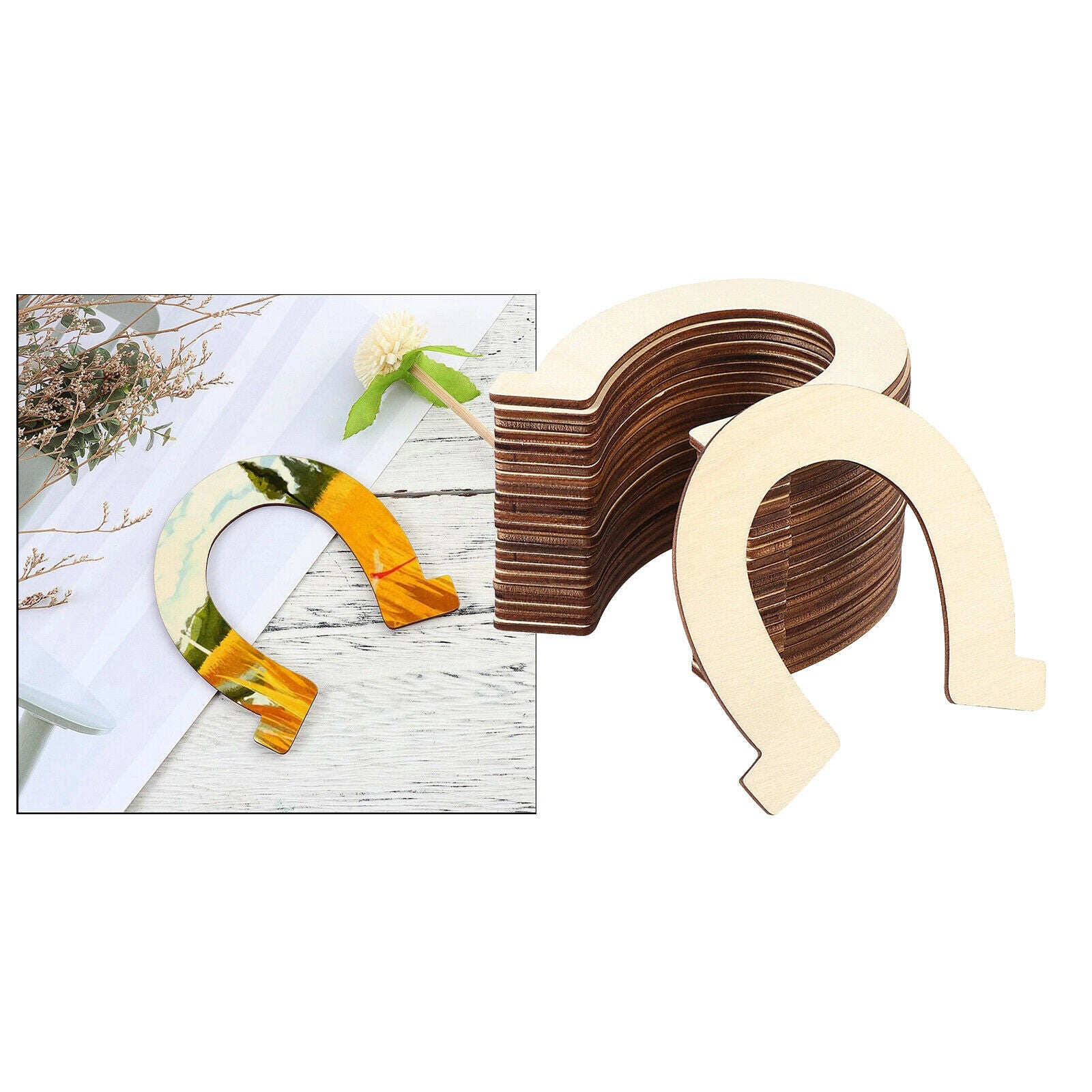 24pcs Unpainted Wooden Slices Cut Horseshoe Cutouts Pieces Rustic Decoration