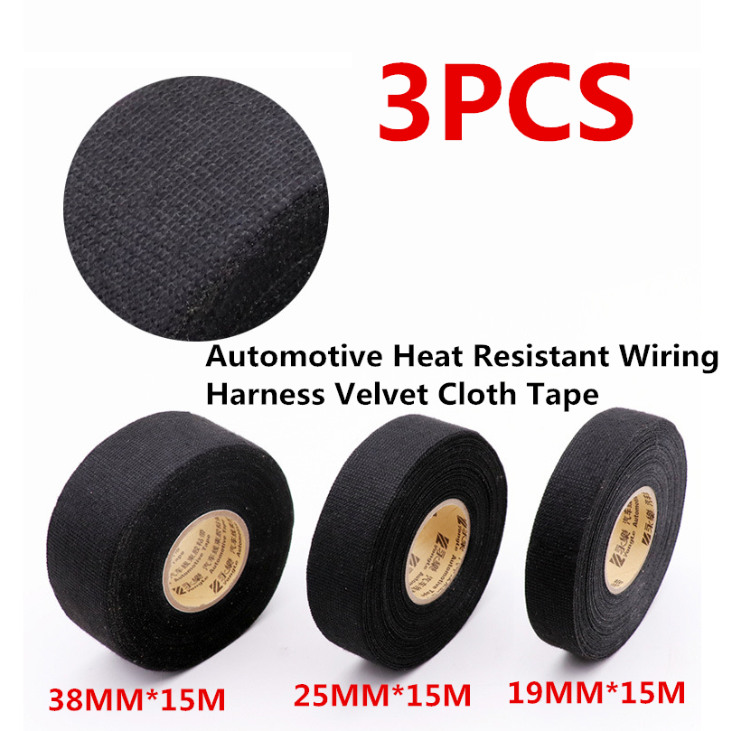 3PCS Wiring Harness Velvet Cloth Tape For Car Heat Resistant  19mm/25mm/38mm*15m