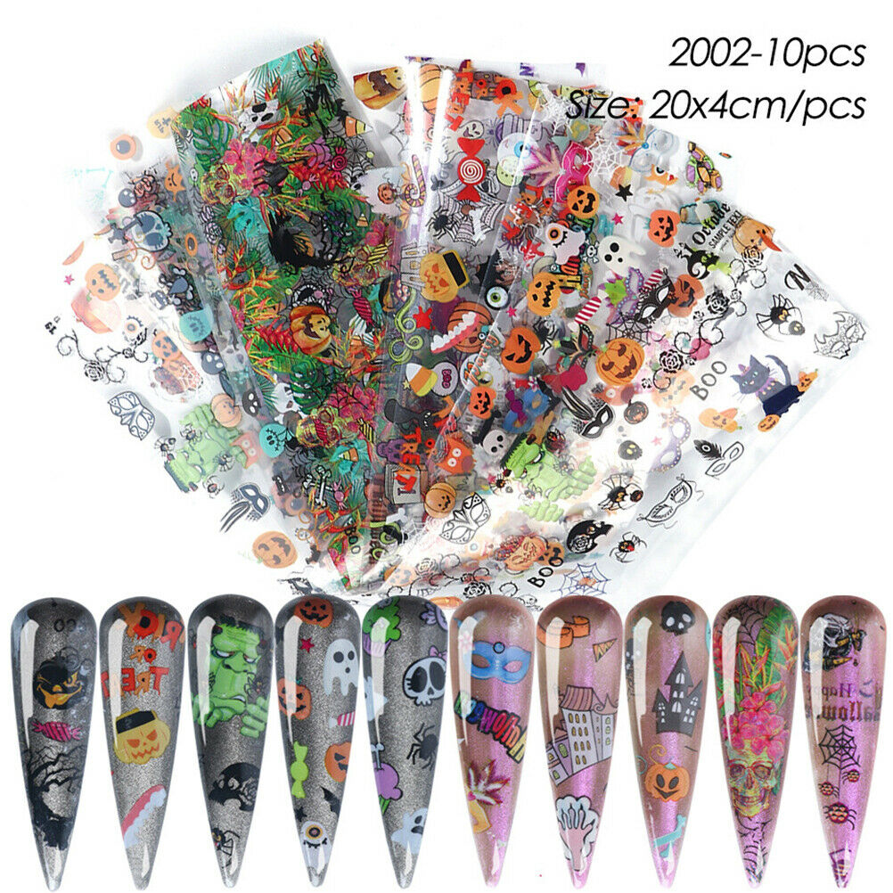10Pcs Halloween Nail Stickers Pumpkin Skeleton Nail Art Stickers Tip Foil Decals