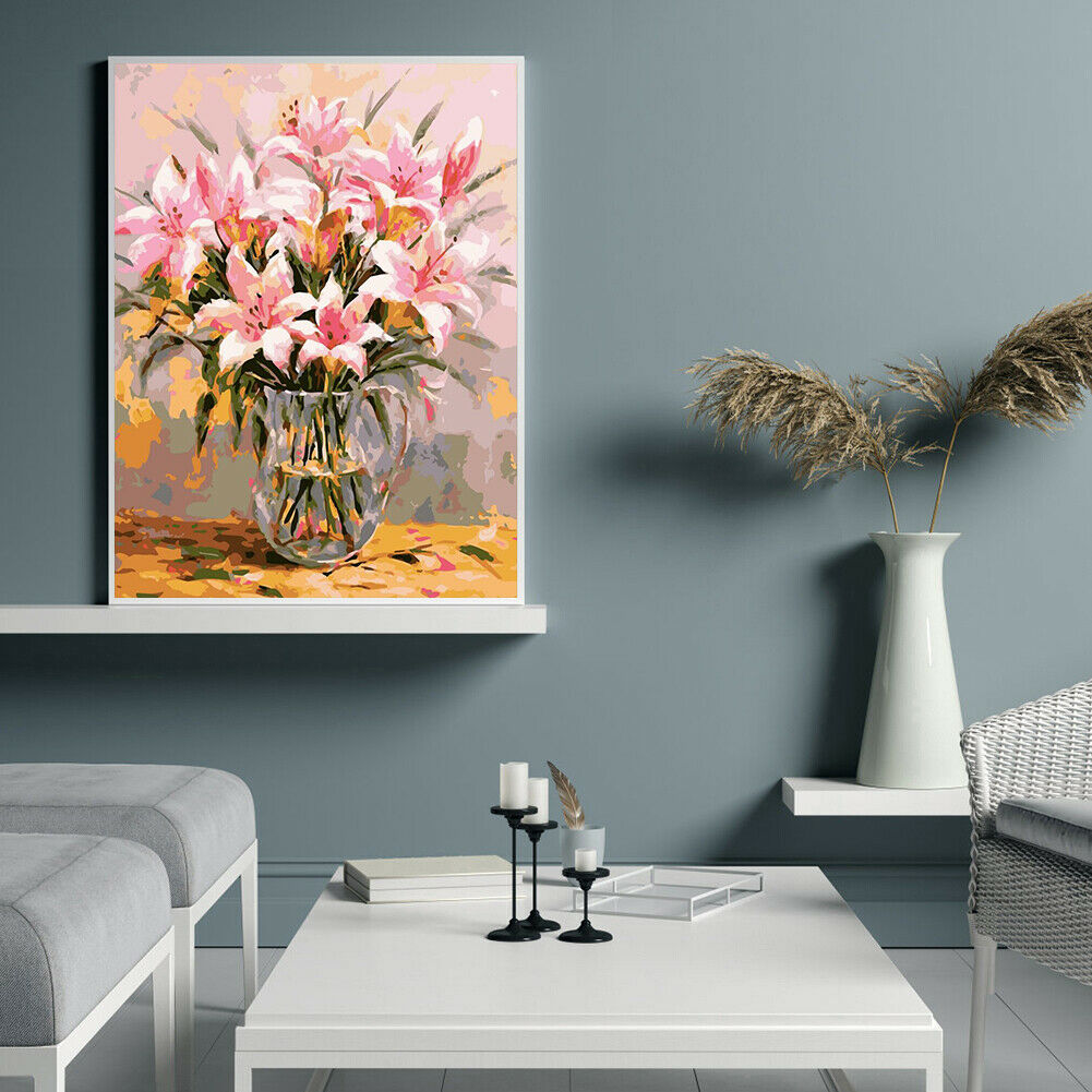 Painting By Numbers Kit DIY Lily Flower Hand Painted Canvas Oil Art Picture @