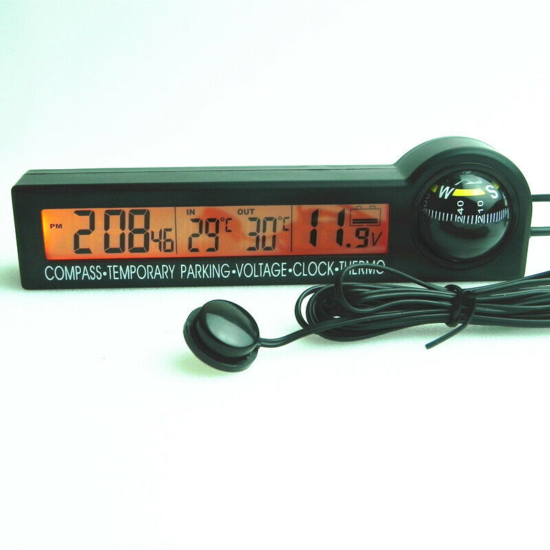 Car Guide Ball Thermometer Voltmeter Time Display LED Backlit Electronic Clock
