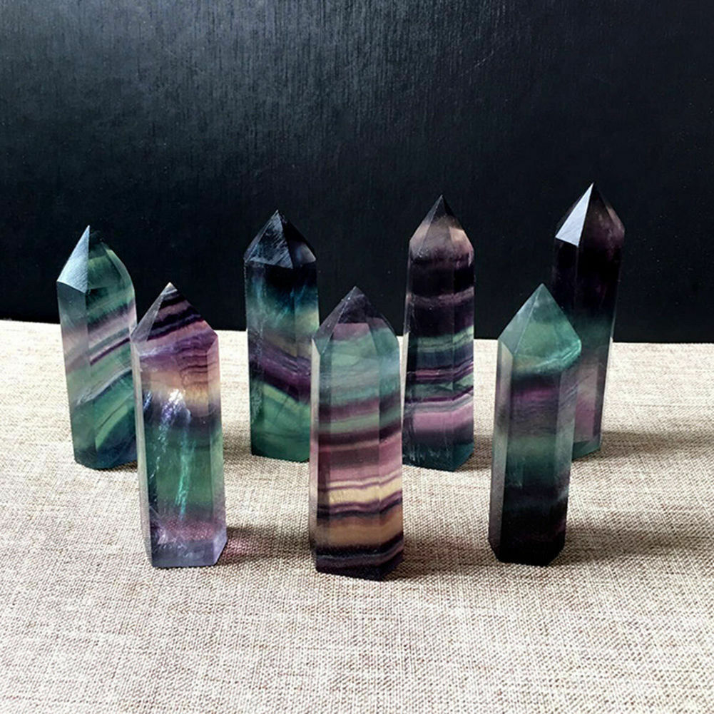 100% Colorful Natural Fluorite Quartz Crystal Stone Point Healing Hexagonal Wand