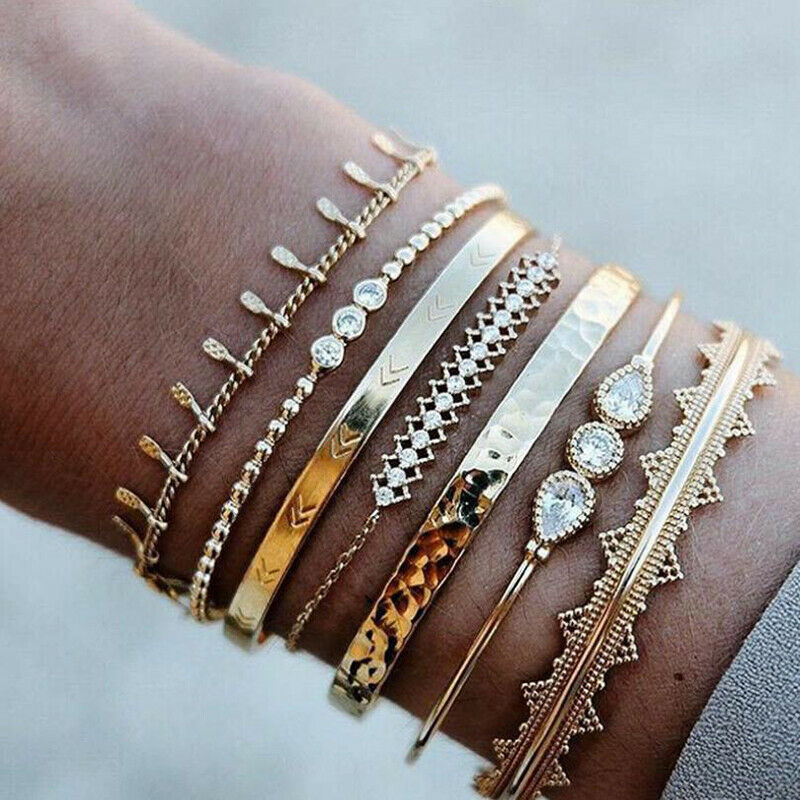 7Pcs/Set Bohemian Retro Crystal Geometry Open Bangle Bracelet Women Jewel.l8