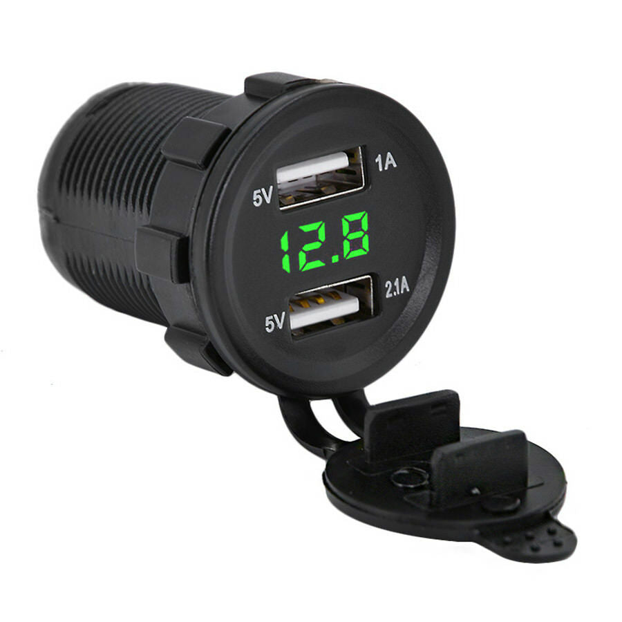 3.1A Dual USB Charger Socket Voltage Voltmeter Green Led Light For Motorcycles