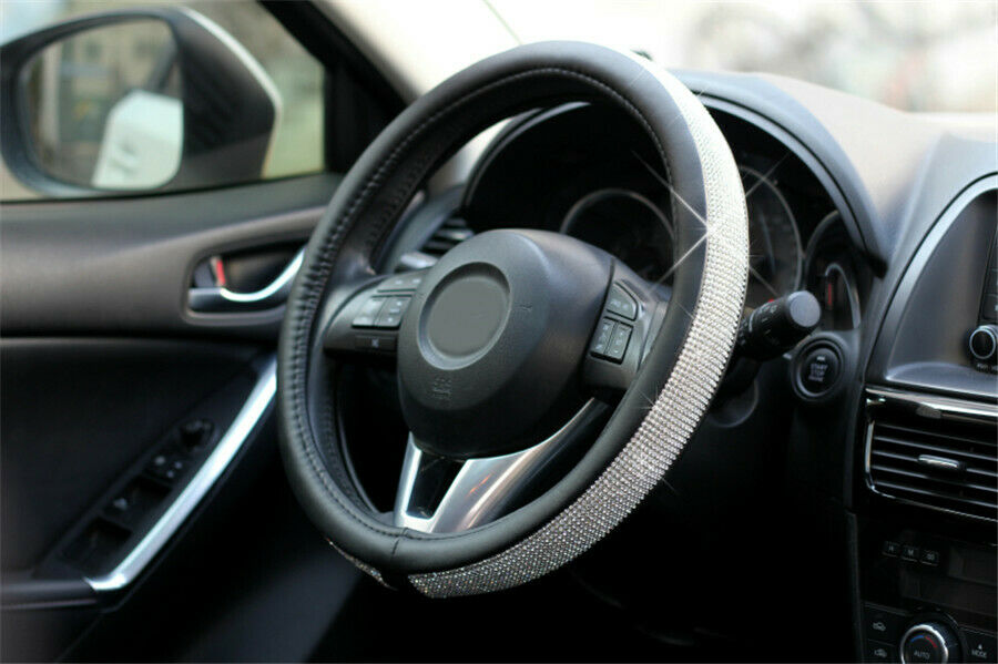 15''Luxury Bling Bling Rhinestone Plush PU Leather Car Steering Wheel Cover
