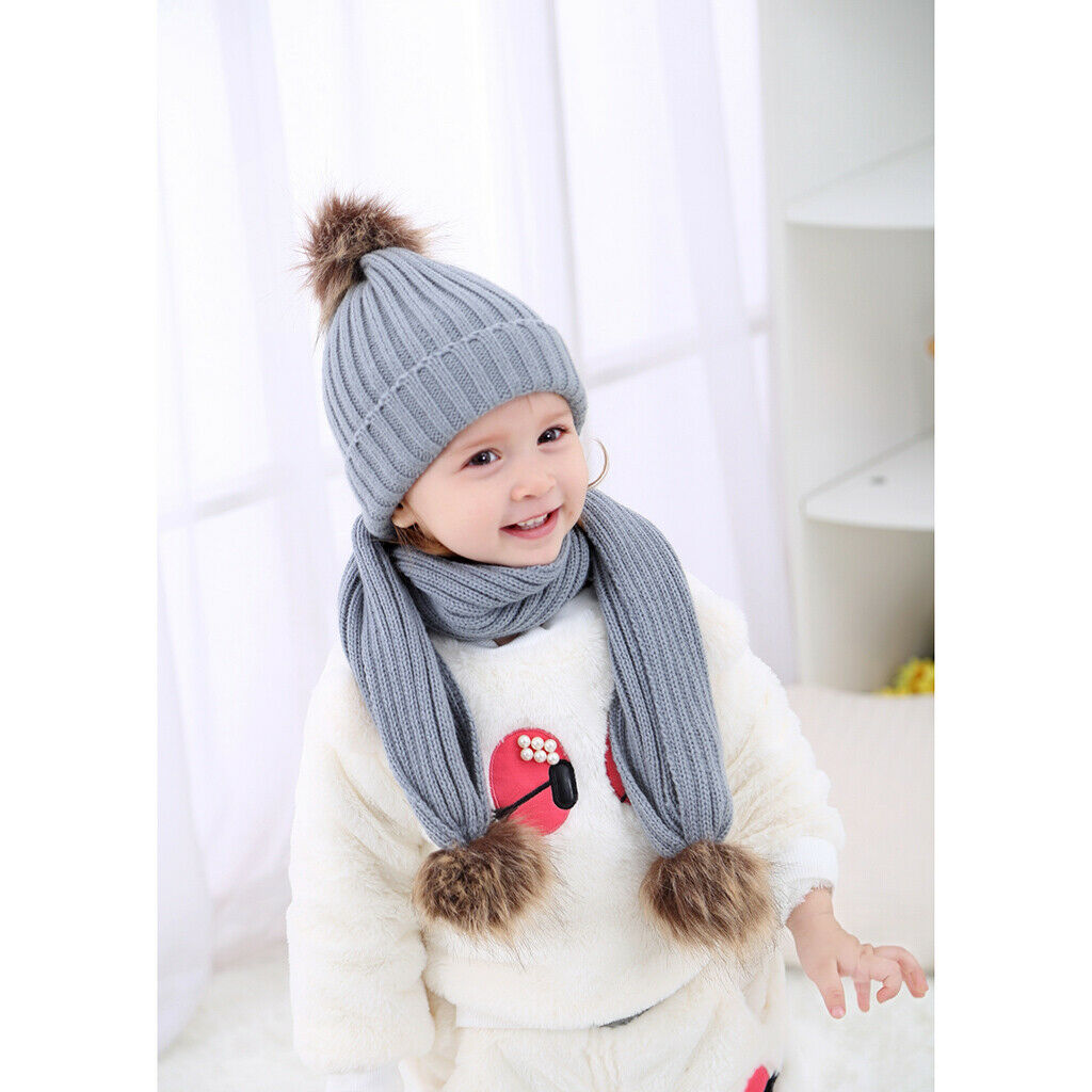 Toddler Kids Baby Winter Warm Pom Bobble Hat Knit Beanie   Scarf Set Black
