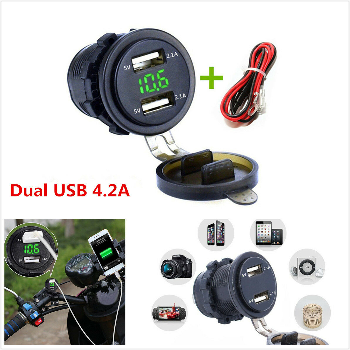 4.2A Dual USB Charger Socket with Green LED Digital Voltmeter & Cable Waterproof