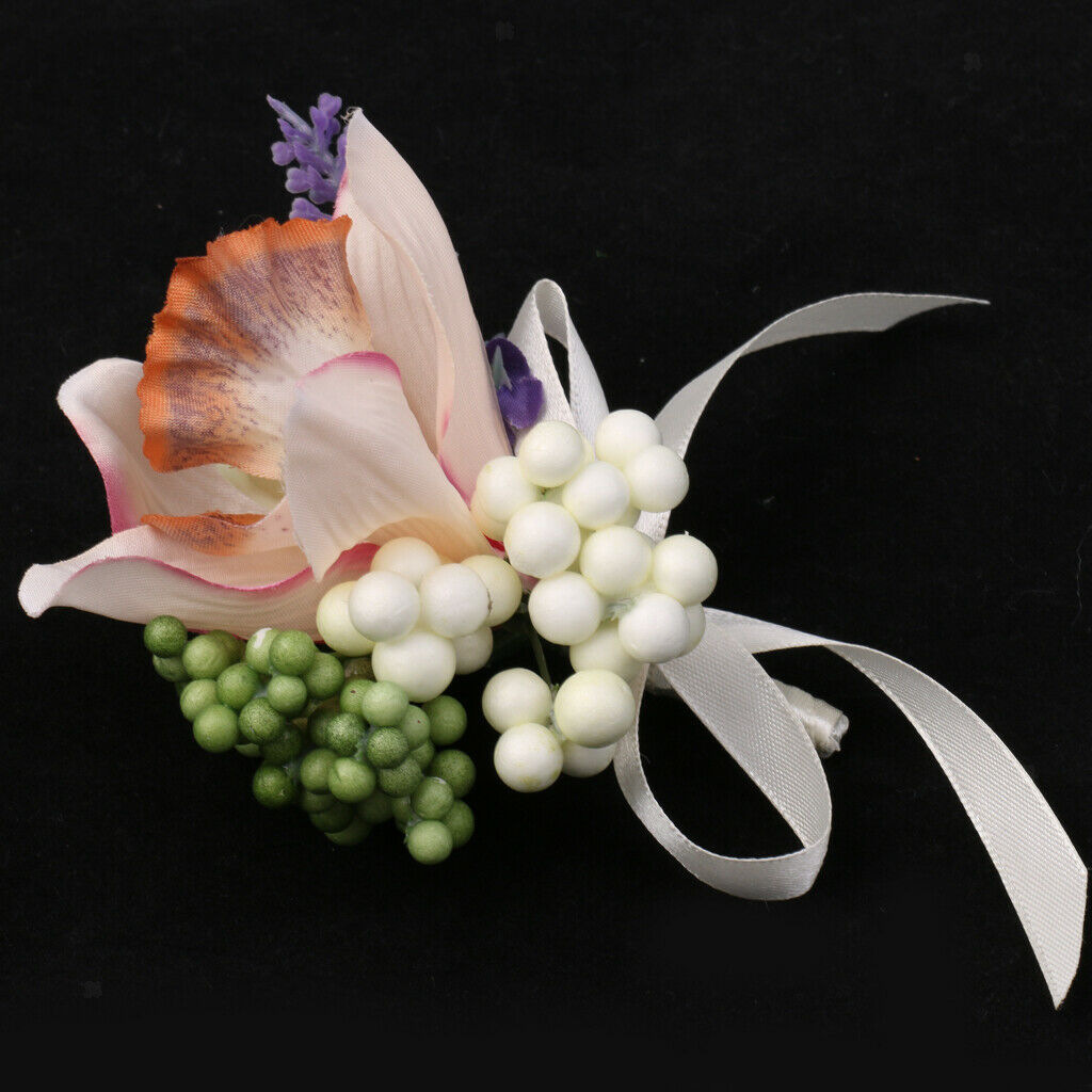 Wedding Bridal Groom Orchid Flower Boutonniere Corsage with Ribbon 8