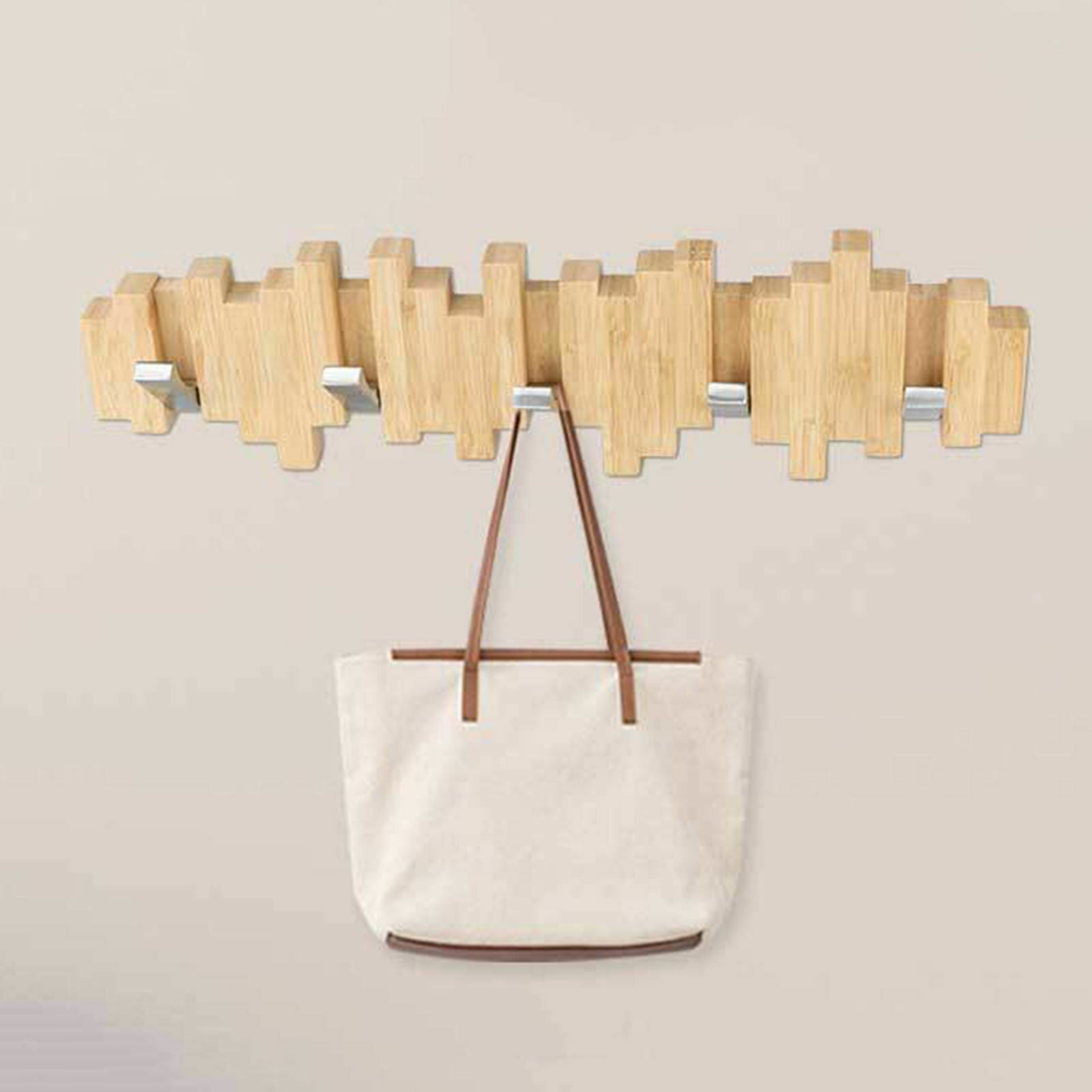 Bamboo Wall Coat Rack Hook 5 Metal Hooks Towel Entryway Hanger Classic