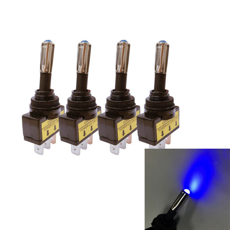 4Pcs 12V 20A Car Blue LED Light Toggle Rocker Switch 3Pin SPST ON/OFF