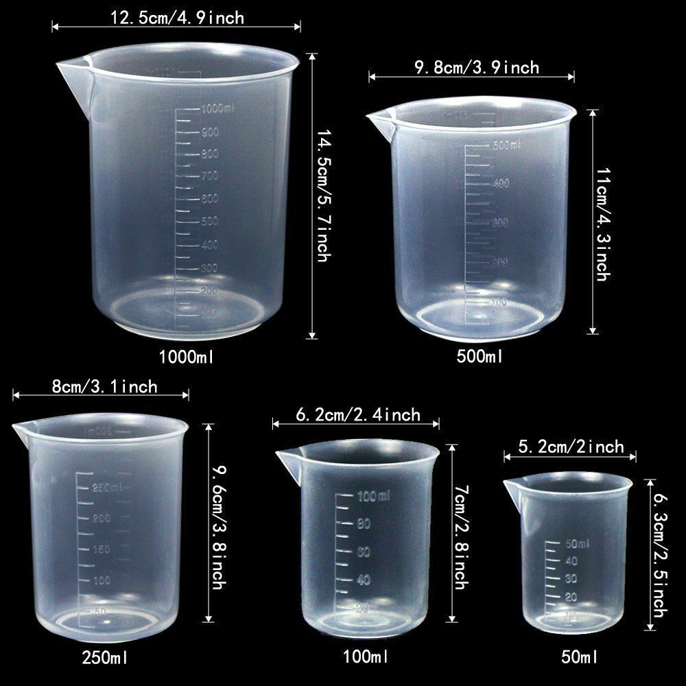 Lab Plasticware Set,4 Clear Plastic Graduated Cylinders+5 Beakers +1 Brush