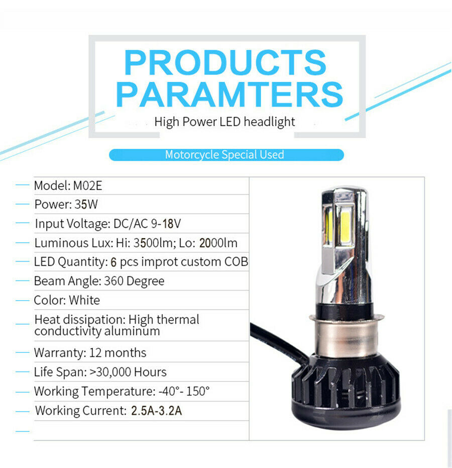 Motorcycle H4 White LED Headlight Bulb 35W 12V For Hi / Lo Beam Light Universal