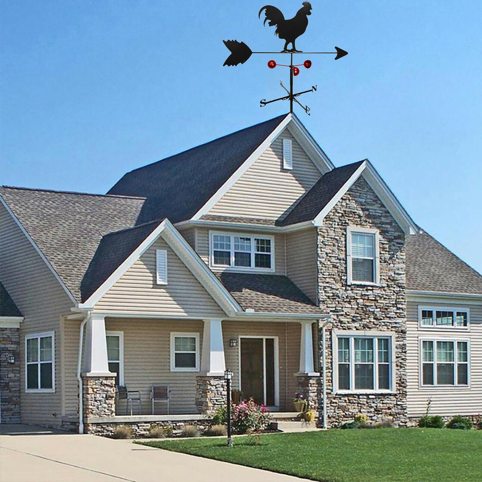 Retro Stainless Steel Cock Weathervane Wind Direction Indicator Stake Decor