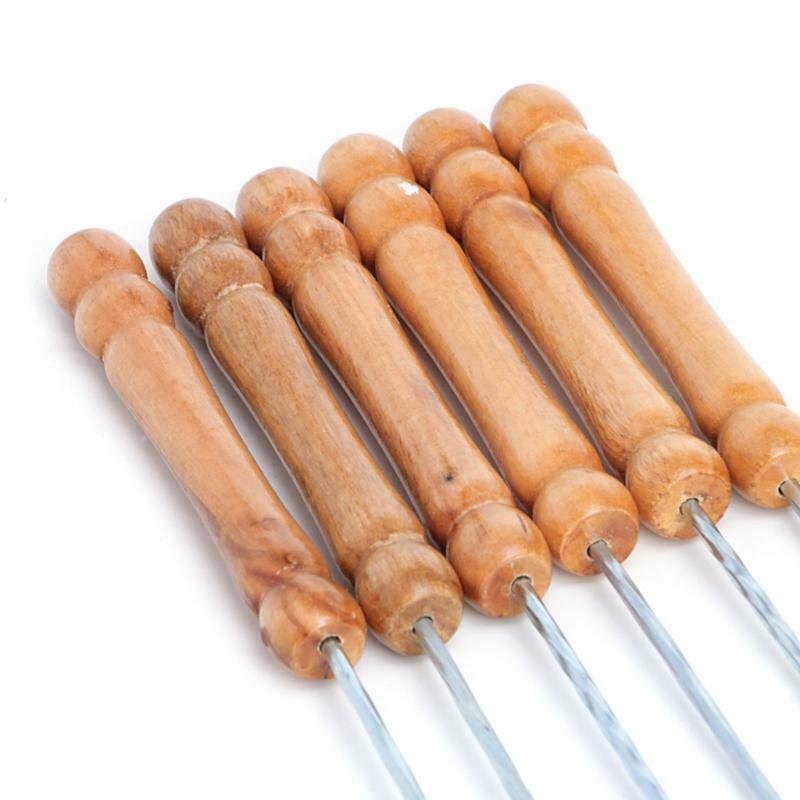 Stainless Steel BBQ Roast Barbecue Skewer Grill Kebab Needles Stick Wood Handle